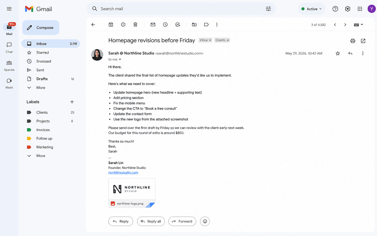 Client email request with website edits, budget, and deadline.
