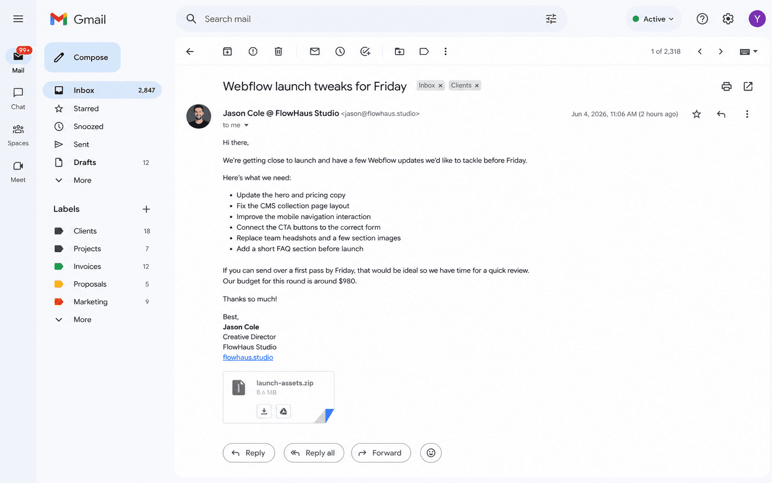 Webflow client launch email containing CMS layout, mobile navigation, form connection, content, image, FAQ, deadline, budget, and attached launch-asset requests.