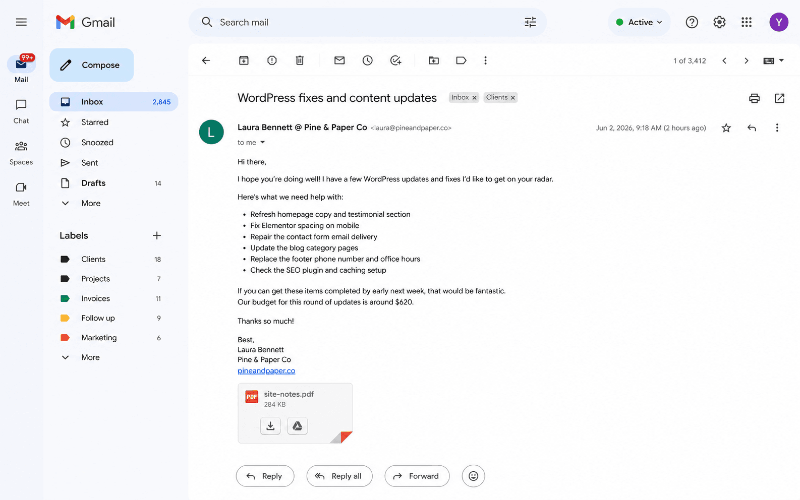 WordPress client maintenance email containing Elementor spacing, contact-form delivery, content, SEO and cache requests, a deadline, budget, and an attached notes file.