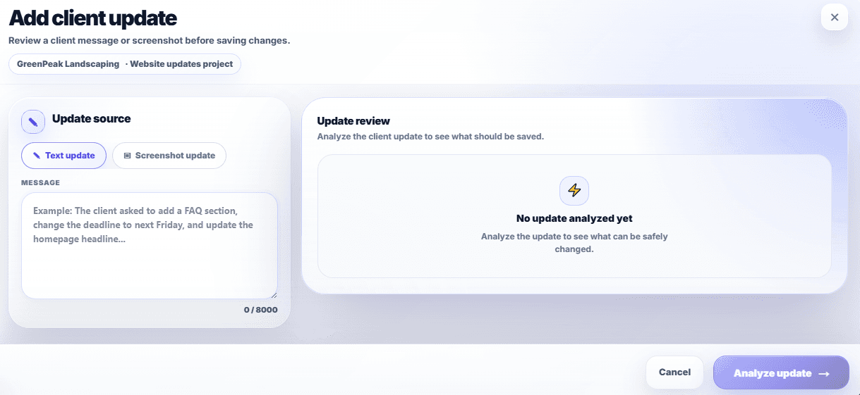 Text2Task client update review showing extracted changes before saving.