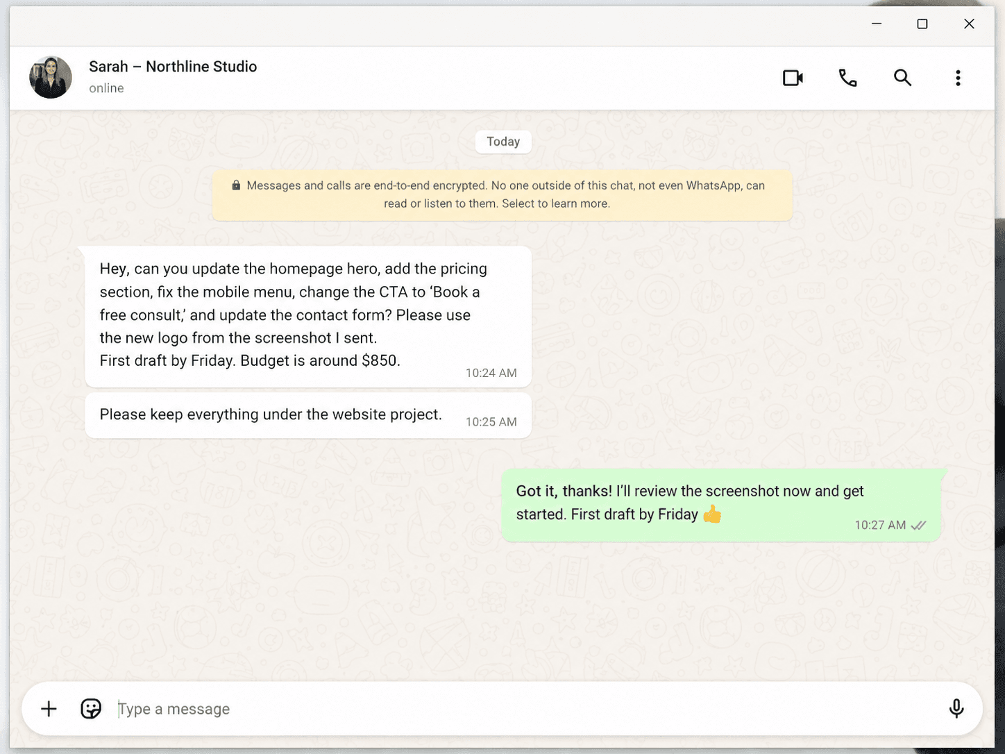 Client WhatsApp request before extraction.