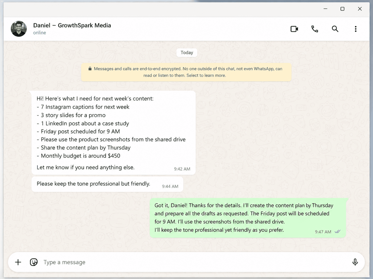 Social media client WhatsApp request containing Instagram captions, story slides, a LinkedIn post, content timing, shared assets, deadline, budget, and brand-tone instructions.