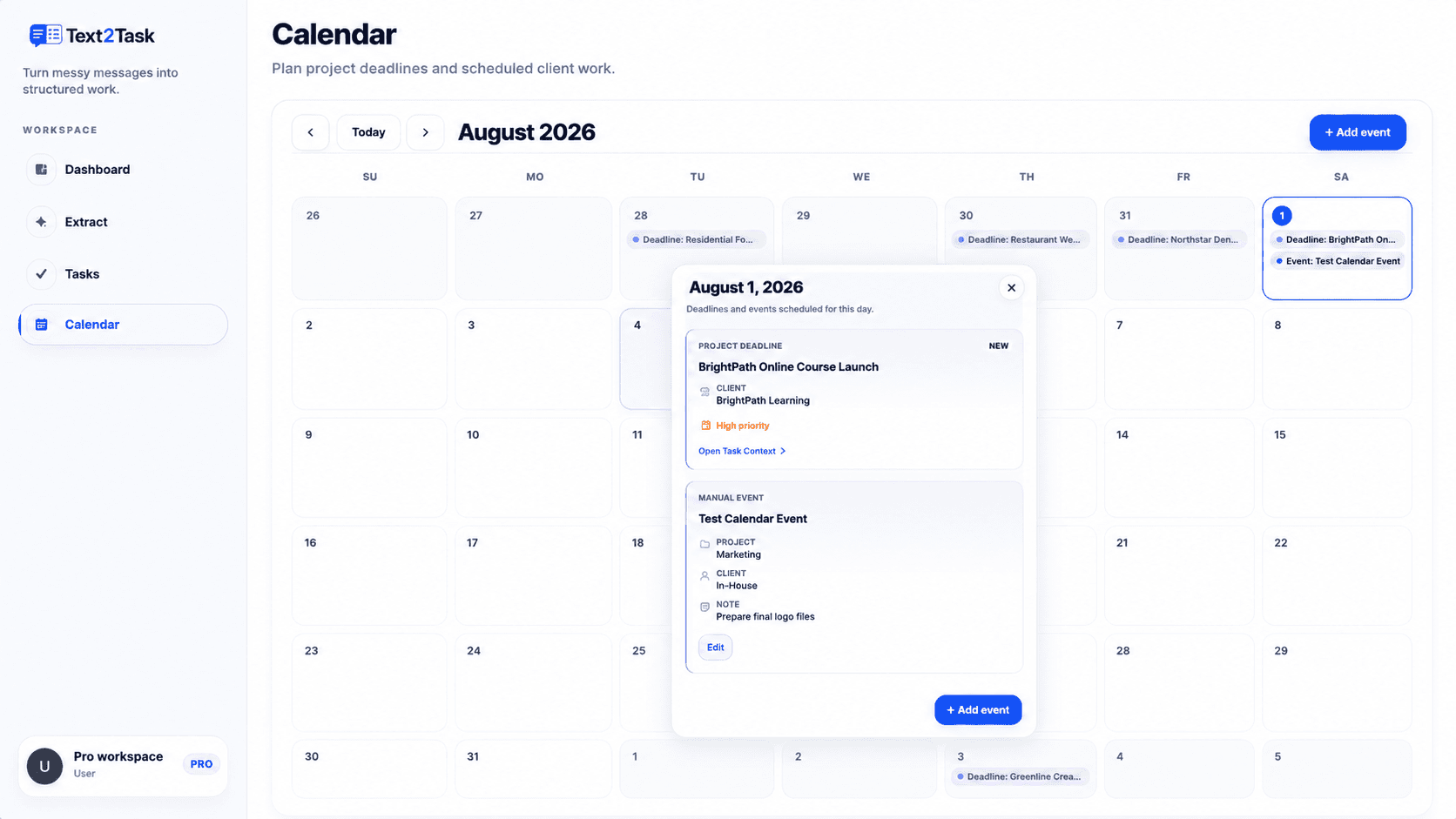 Text2Task project deadline calendar showing project deadlines and manual client-work events