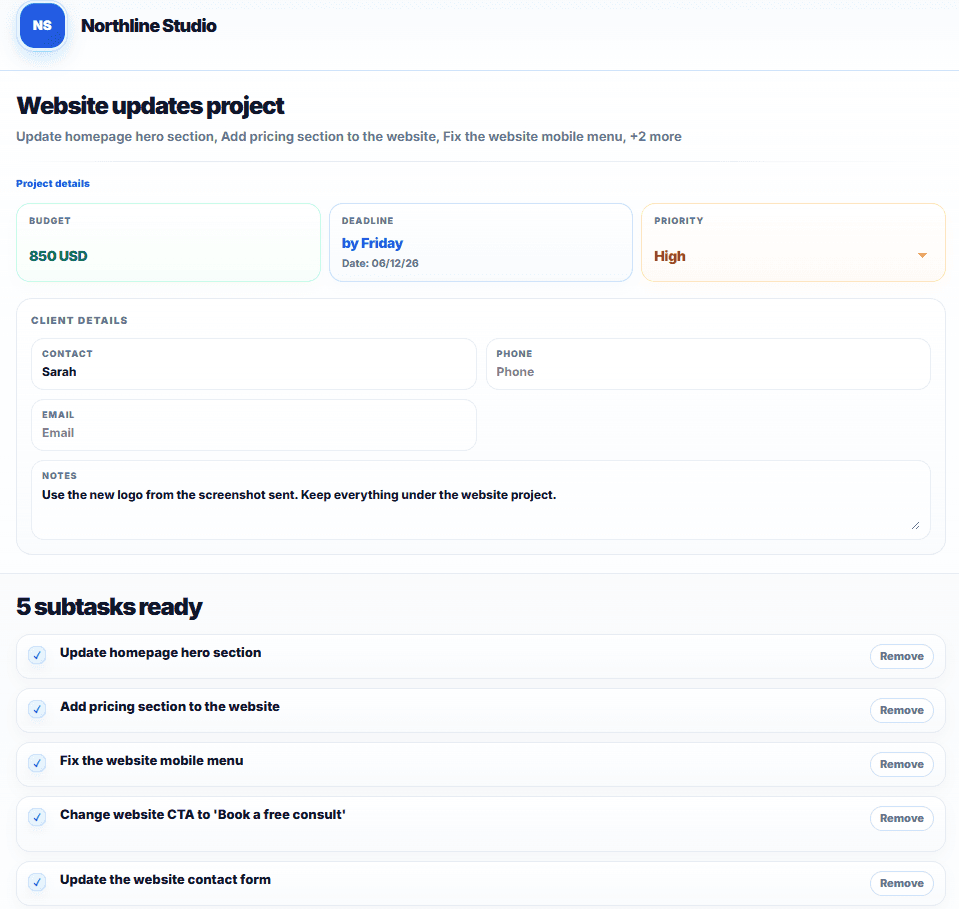 Text2Task project preview with extracted tasks, deadline, priority, budget, and client details