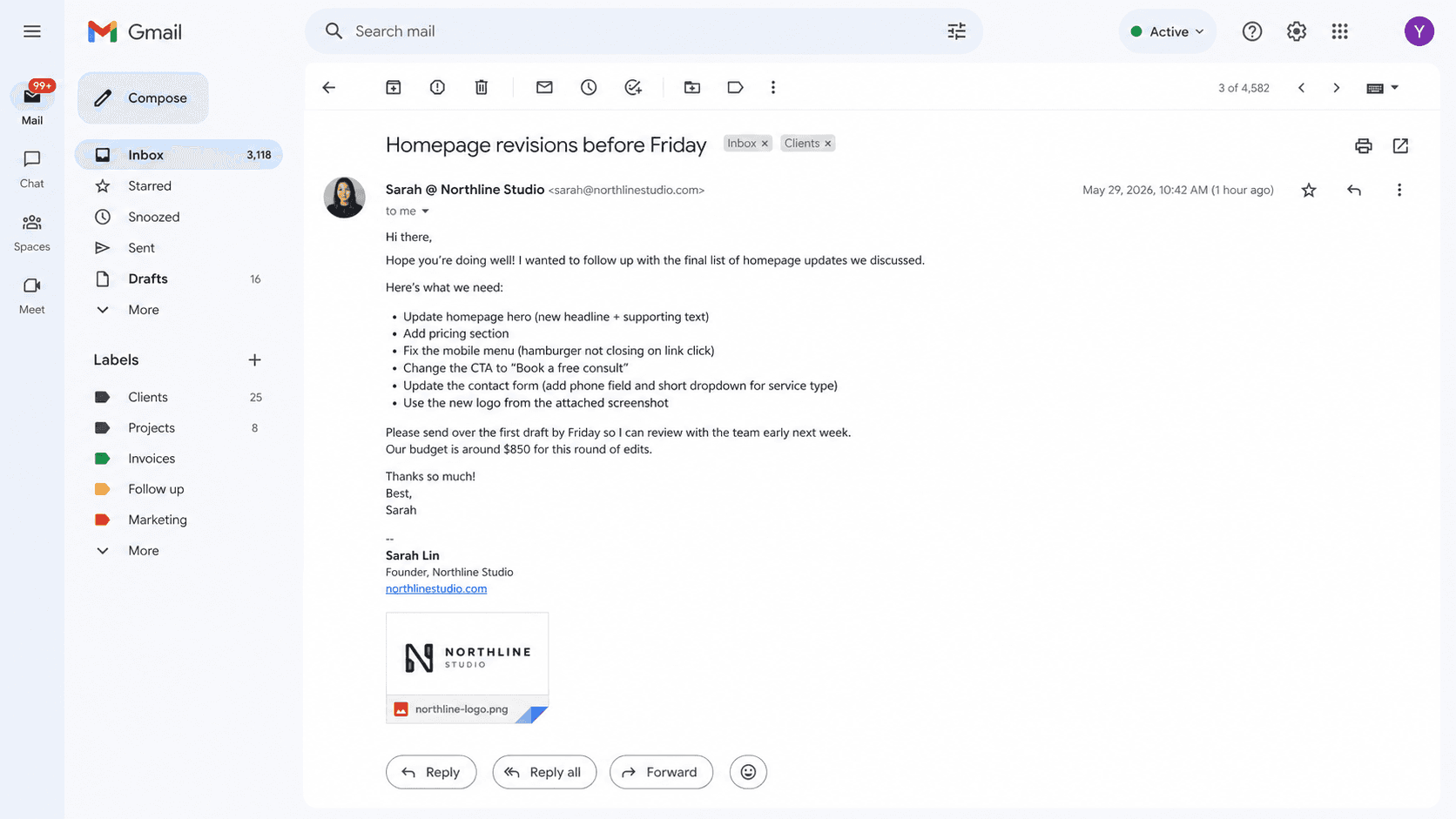Client email containing a freelance project request before it is organized