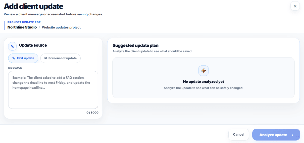 Text2Task review screen for approving client update changes before applying them