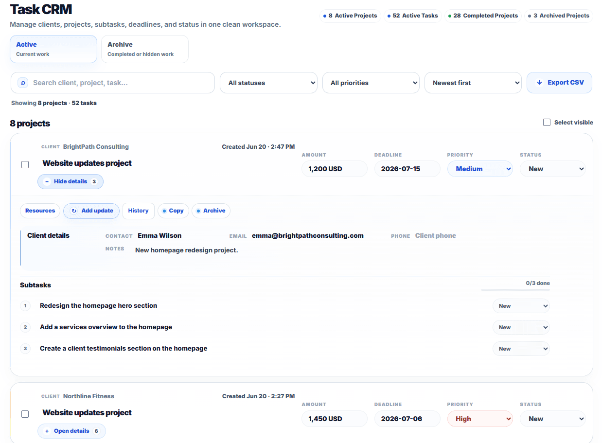 Text2Task workspace showing organized freelance clients, projects, tasks, and progress
