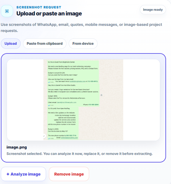 Text2Task upload screen with a client-request screenshot ready to be organized into a reviewable task draft.
